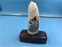 Whales tooth with colorized scrimshaw of an Owl on