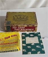 Vintage Cigar box of corks , margarine box