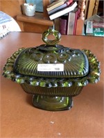 Vintage green glass pedestal dish 8"