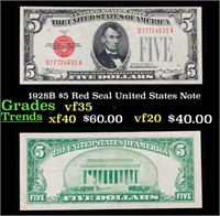 1928B $5 Red Seal United States Note Grades vf++
