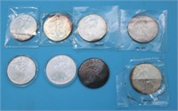 8 SILVER EAGLE ROUNDS, 1 OZT., .999, 1987, 2003,
