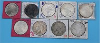 9 SILVER PEACE DOLLARS, 4 1922 AU/UNC, 1922D AU,