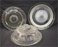 3 CAKE PLATES, 1 DOME - LARGEST IS 12.5"