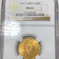 1962 Turkey Gold 50 Kurush NGC - MS63