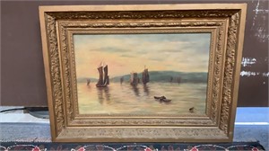 Antique Coastal Oil on Canvas Painting, Framed