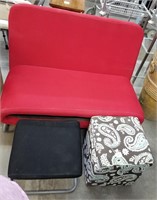 Red Cushioned Bench & 2 Foot Stools