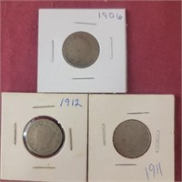 Three "V" Nickels 1906, 1911, 1912
