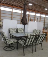 Glass Top Patio Table with Umbrella, (4) Chairs,