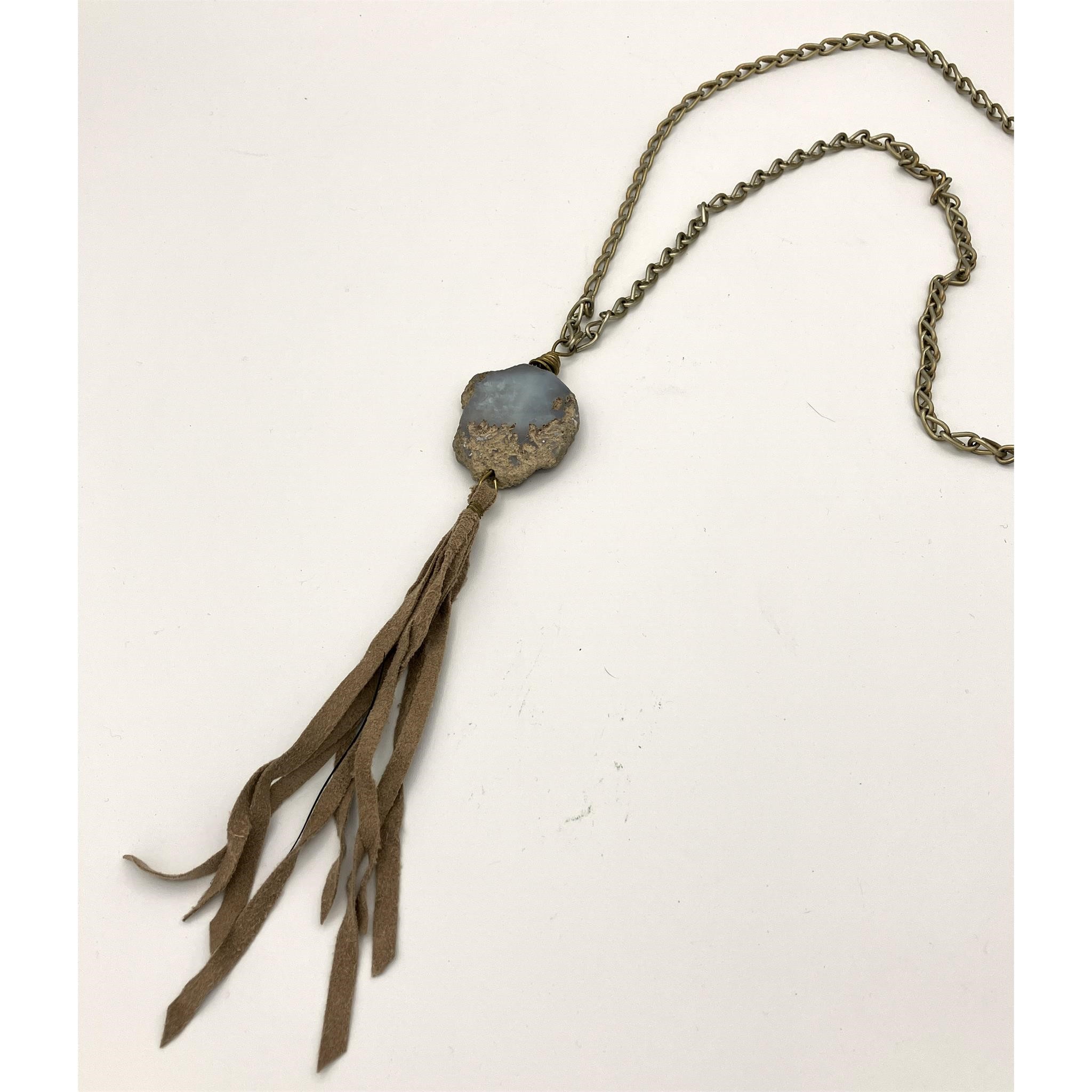 Tasseled Leather & Stone Pendant Necklace