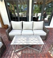 Wicker Sofa w Cushions & Aluminum table