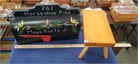 Handpainted Decorative Mailbox and Wooden Stool