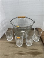Clear glass ice bucket and drinking glasses