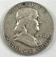 1951-D Franklin Silver Half Dollar, US 50c Coin