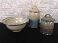 Pottery home decor; bowl and lidded canisters