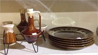 Vintage brown pottery condiment set with five