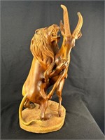 Handcarved Wood Lion Attacking Prey