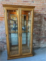 Oak Lead Glass Mirrored Lighted China Cabinet