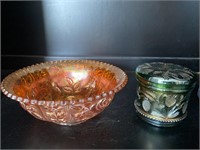 Carnival glass bowl and lidded jar