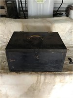 Black wooden box and contents
