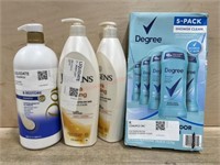 2- jergens lotion, 5 pack degree & dove shampoo