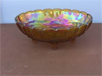 4 FOOTED CARNIVAL GLASS CENTERPIECE BOWL = NICE