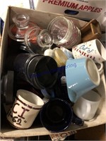 BOX OF MUGS, CANDLE HOLDERS, DESSERT CUPS, ETC