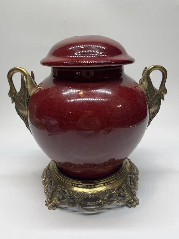 Chinese Enameled Lidded Urn on Metal Stand