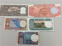 5 India Banknotes 1,2,5,10,0,rupees