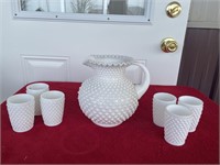 Fenton Hobnail pitcher and 6 glasses