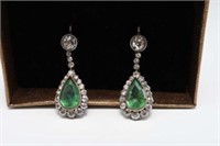 Pr. of Antique Gold Earrings - Emerald & Diamonds.