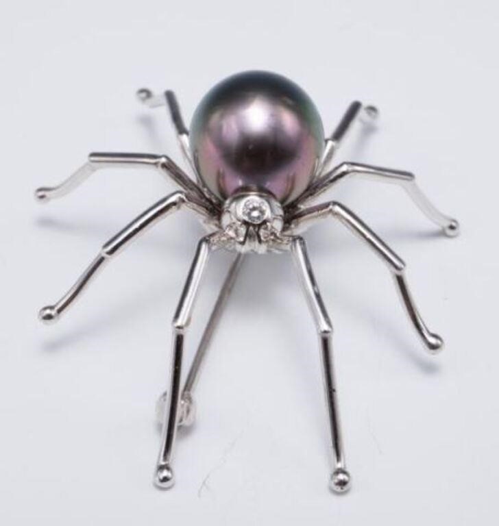 18K White Gold, Pearl & Diamond Spider Pin.