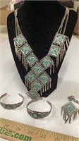 Faux Turquoise Fringe Necklace, Earrings and
