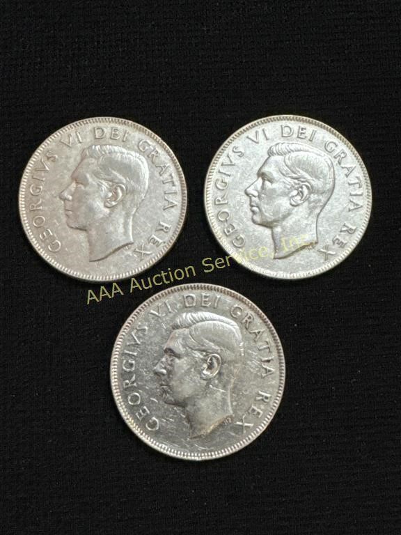 (3) silver 1950 Canada 50 cents coins