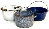 (3) Assorted Enamel Granitewear Handled Pots