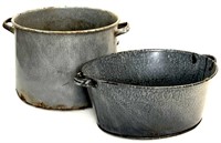 (2) Antique Enamel Granitewear Pots Gray Color