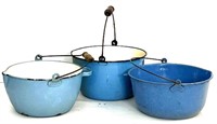 (3) Antique Blue Enamelwear Handled Pots