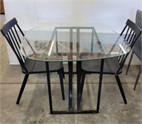 METAL BASE BEVELED GLASS TOP TABLE, 2 CHAIRS