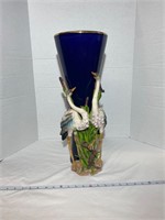 Blue Glass Flower Pot with Swan Design
