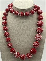 1950's Red Acrylic w/ White Splatter Bead Necklace