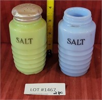 2 VTG. COLORED GLASS SALT SHAKERS