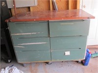 GREEN WORKBENCH IN GARAGE,  TOP COMES OFF