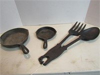 2 Vintage Cast Iron Skillets, Cast Iron Fork/Spoon