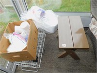 TWO BENCHES; LAP TRAY; STYROFOAM TOGO CONTAINERS;