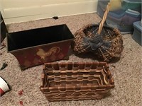 Rooster Tin and 2 wicker baskets