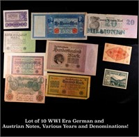 Lot of 10 WWI Era German and Austrian Notes, Vario