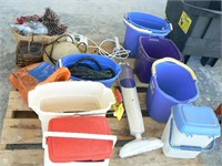 PALLET WITH PLASTIC BUCKETS, COOLER, H2O WET MOP,