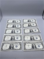 (10) 1957 $1 Silver Certificates Notes