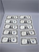 (10) 1957 $1 Silver Certificates Notes