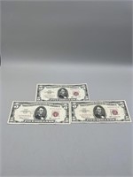 (3) 1963 $5 Red Seal Notes