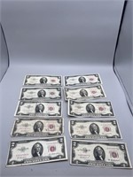 (10) 1953 $2 Red Seal Notes